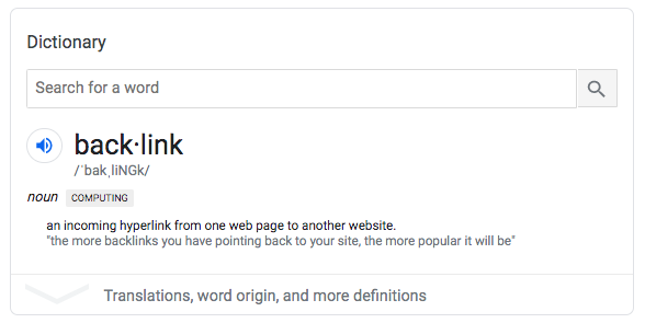 Screenshot of the definition of a backlink from Google 