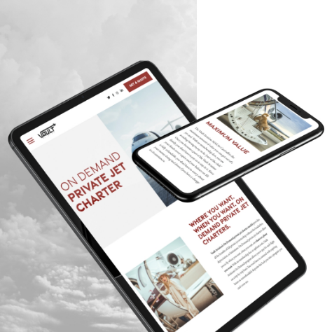 Vault Aviation website design mockup on a tablet