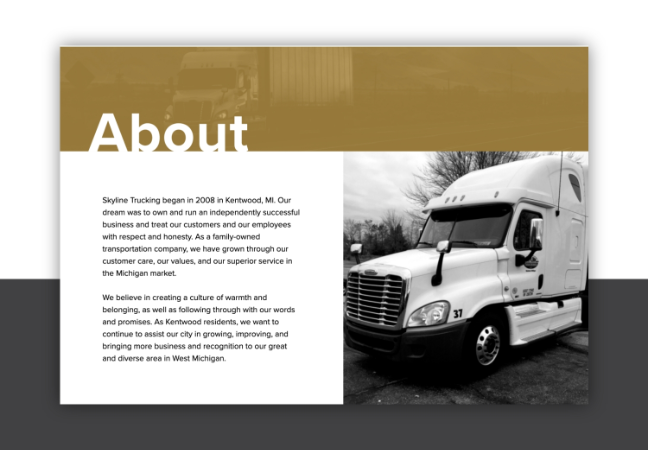 Skyline Trucking about page designed by JSL