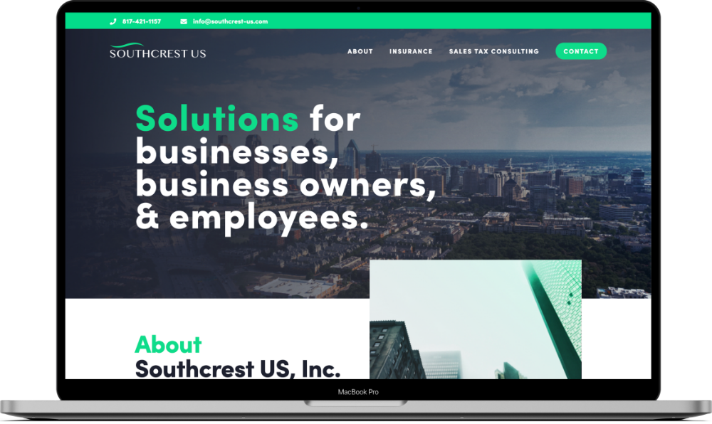 Southcrest US Consulting homepage website mockup on a MacBook