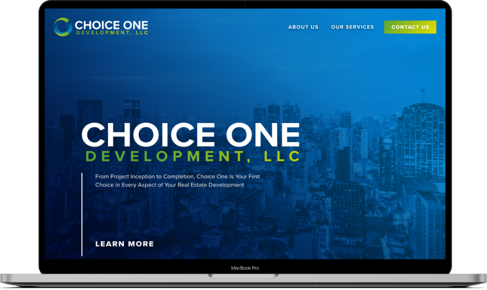 Choice One Development new website design mockup from JSL on a MacBook