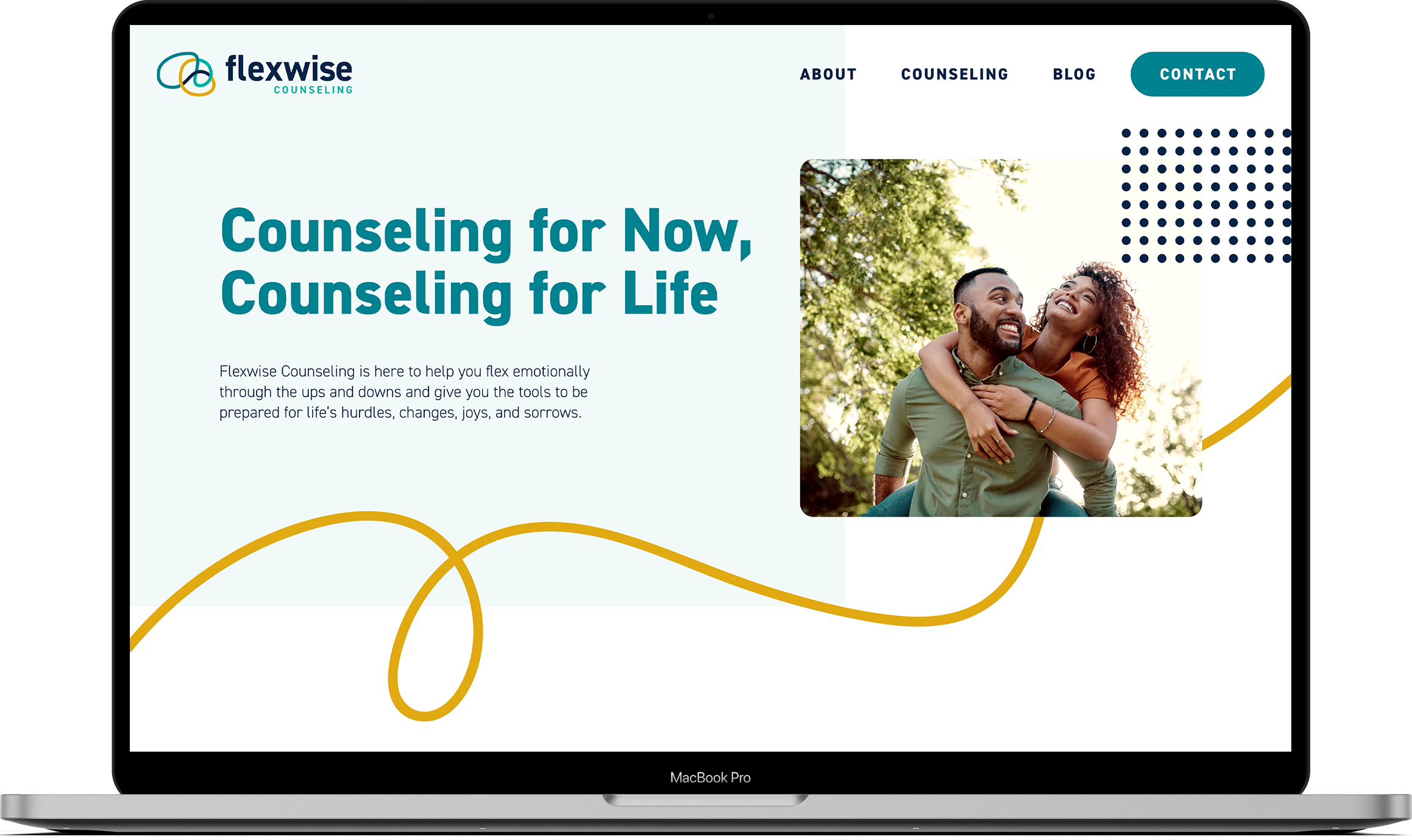MacBook Pro Mockup showing the top of the homepage of the Flexwise Counseling website