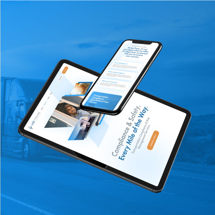 iPad and iPhone floating in midair with a mockup of the Lee Trans homepage on them. Set on a blue background